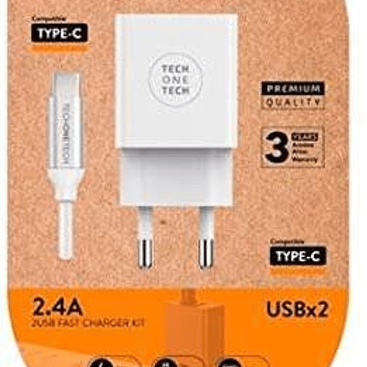 TechOneTech Cargador Doble de Pared + Cable USB-A a USB-C 1m - Recubierto de Nylon Trenzado 1