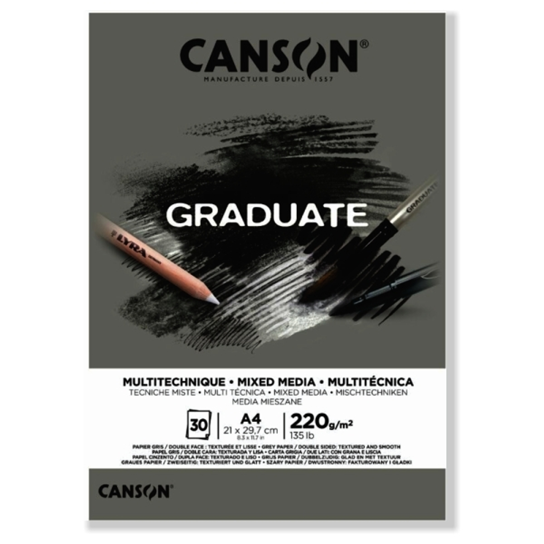 Canson Graduate Mix Media Bloc Encolado de 30 Hojas A4 - 220g - Grano Fino - Color Gris 1