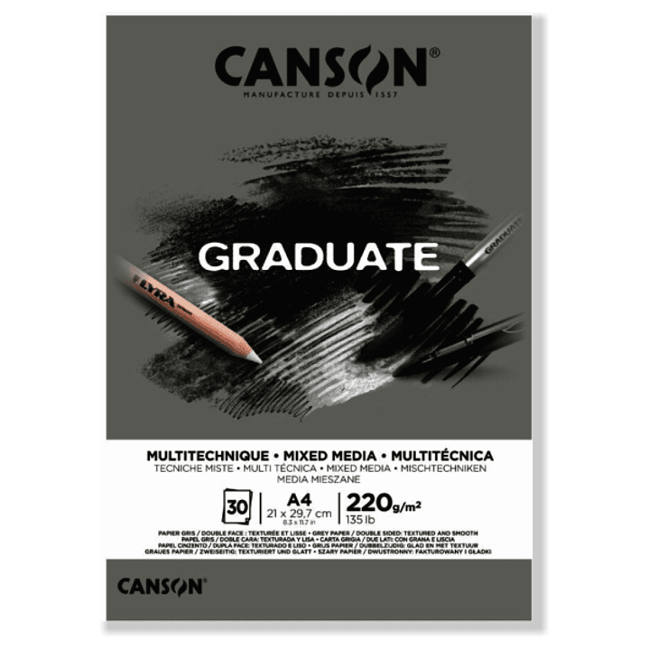 Canson Graduate Mix Media Bloc Encolado de 30 Hojas A4 - 220g - Grano Fino - Color Gris 1