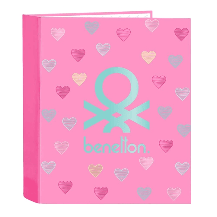 Safta Benetton Heart Carpeta con 4 Anillas 40mm - Tapas Duras Forradas - Formato Folio - 270x60x330mm - Color Rosa 1