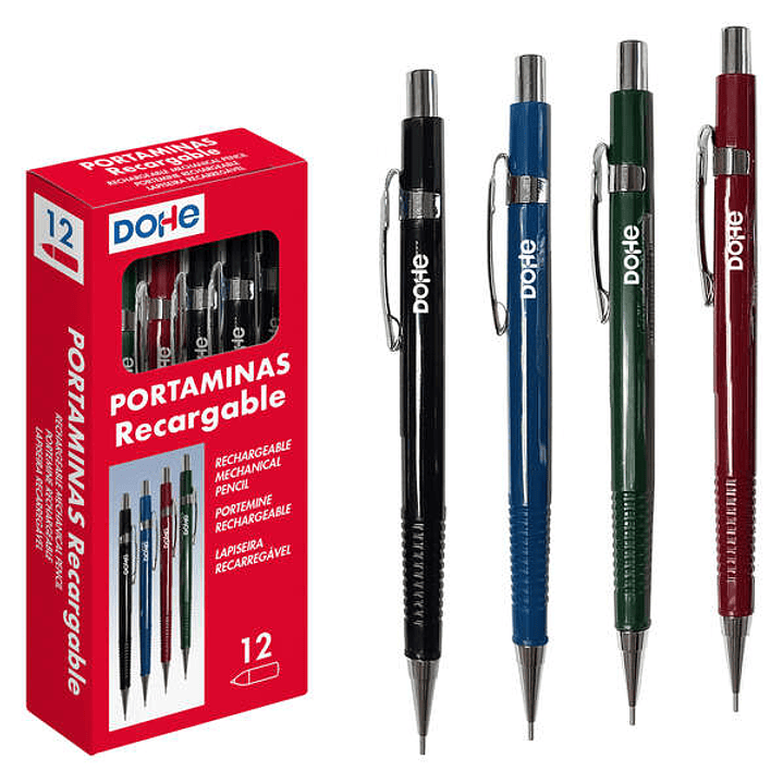 Dohe Portaminas Recargable - Cuerpo de Plastico - Zona Estriada para Agarre - Clip, Pulsador y Punta Metalica - Goma de Borrar - para Minas de 0.5mm 1