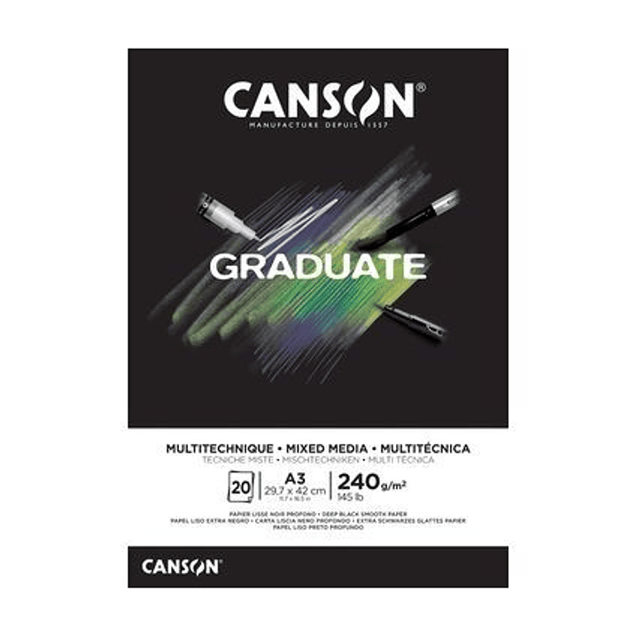 Canson Graduate Mix Media Bloc Encolado de 20 Hojas A4 - 240g - Grano Fino - Color Negro 1