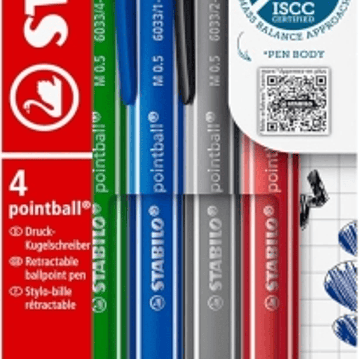 Stabilo Pointball Colorful Pack de 4 Boligrafos Retractiles - Trazo 0.5mm - Hechos con 87% Bioplastico - Grip Antideslizante - Recargables - Colores S 1