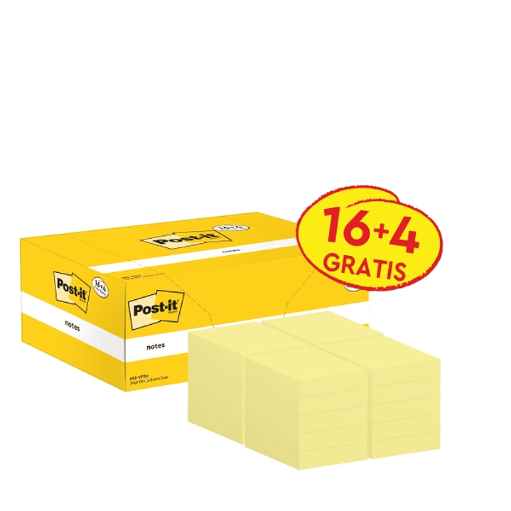 Post-It Pack de 20 Blocs de 100 Notas Adhesivas Reposicionables - Forma Rectangular - 38x51mm - Color Amarillo Claro 1
