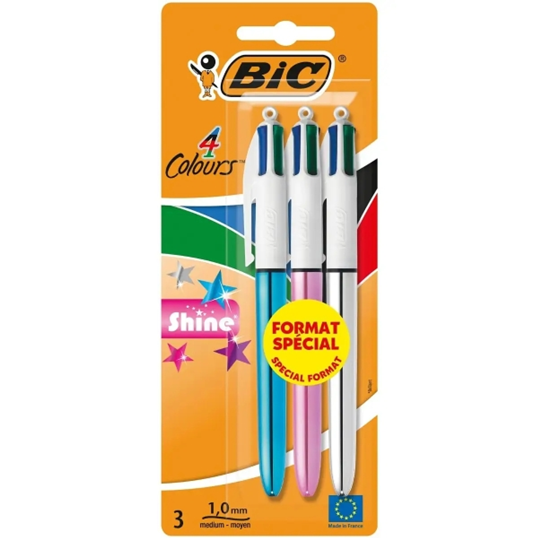 Bic 4 Colours Shine Pack de 3 Boligrafos de Bola Retractil - Punta de 1mm - Trazo de 0.4mm - Tinta con Base de Aceite - Cuerpo Oro/Blanco - 4 Colores 1