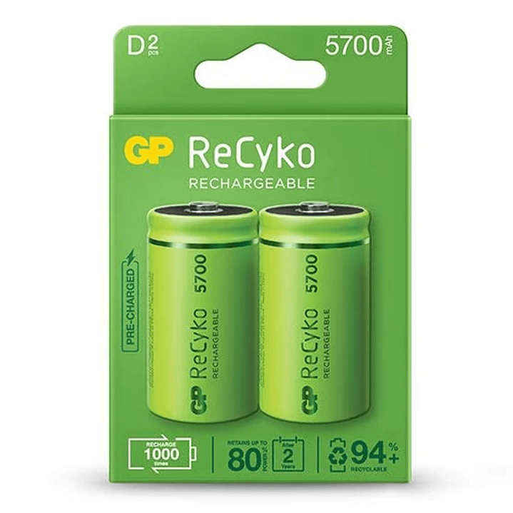 GP ReCyko Pack de 2 Pilas Recargables 5700mAh D 1.2V - Precargadas - Ciclo de Vida: Hasta 1000 Veces 1
