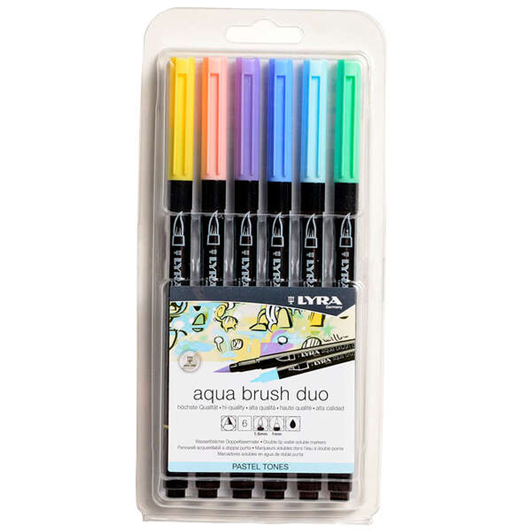 Lyra Aqua Brush Duo Pastel Tones Pack 6 Rotuladores de Doble Punta - Punta Pincel 4mm, Punta Fina 2mm - Tinta Base de Agua - Colores Tonos Pastel 1