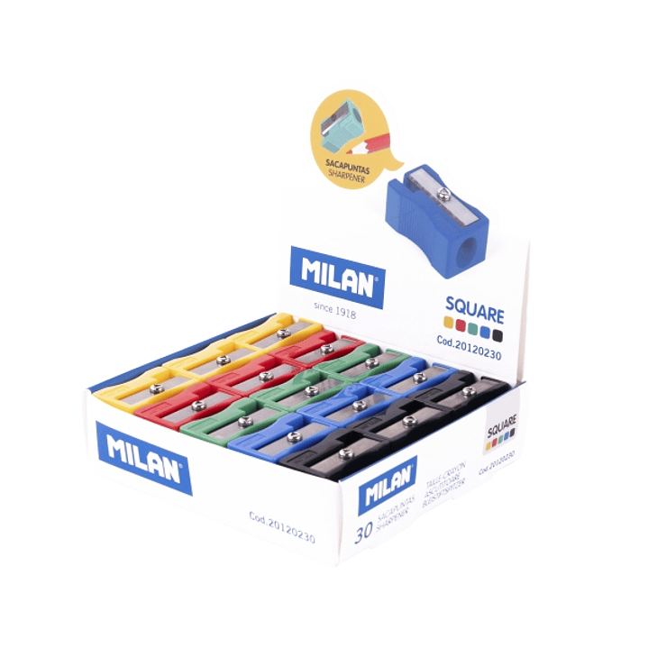 Milan Basic Expositor con 30 Sacapuntas - Sin Deposito - Cuchilla de Acero de Seguridad - Colores Surtidos 1