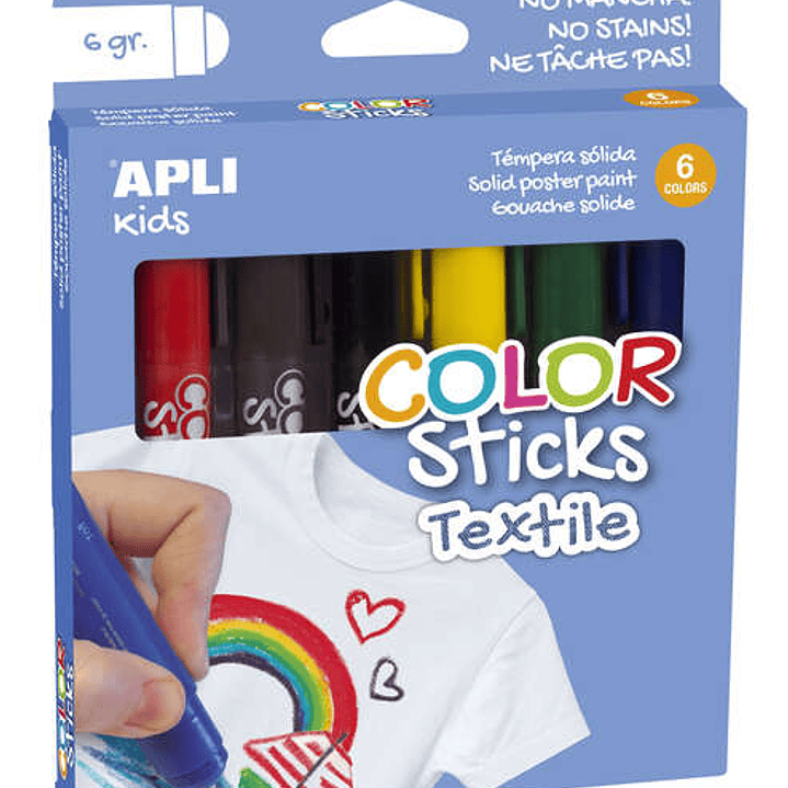 Apli Color Sticks Textil Pack de 6 Temperas Solidas 6gr para Uso en Textil - Secado al Aire en 12 Horas - Sin Disolventes - Para Niños a partir de 3 a 1