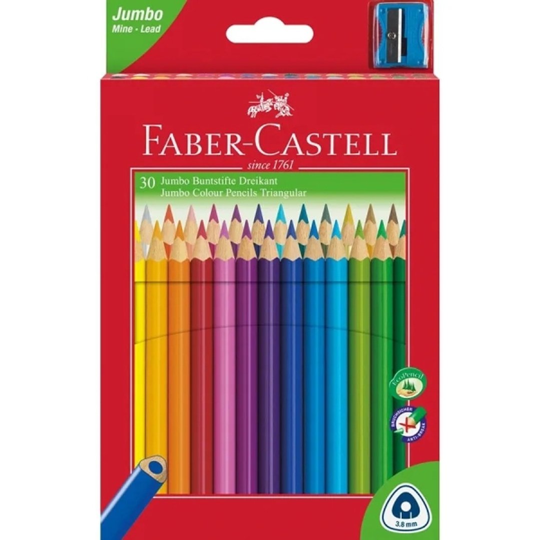 Faber-Castell Jumbo Junior Pack de 30 Lapices de Colores Triangulares + Sacapuntas - Mina Resistente a la Rotura - Lavable - Colores Surtidos 1