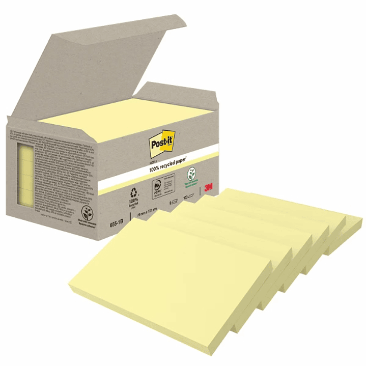 Post-It Pack de 6 Blocs de 100 Notas Adhesivas Recicladas - Forma Rectangular - 76x127mm - Color Amarillo Claro 1