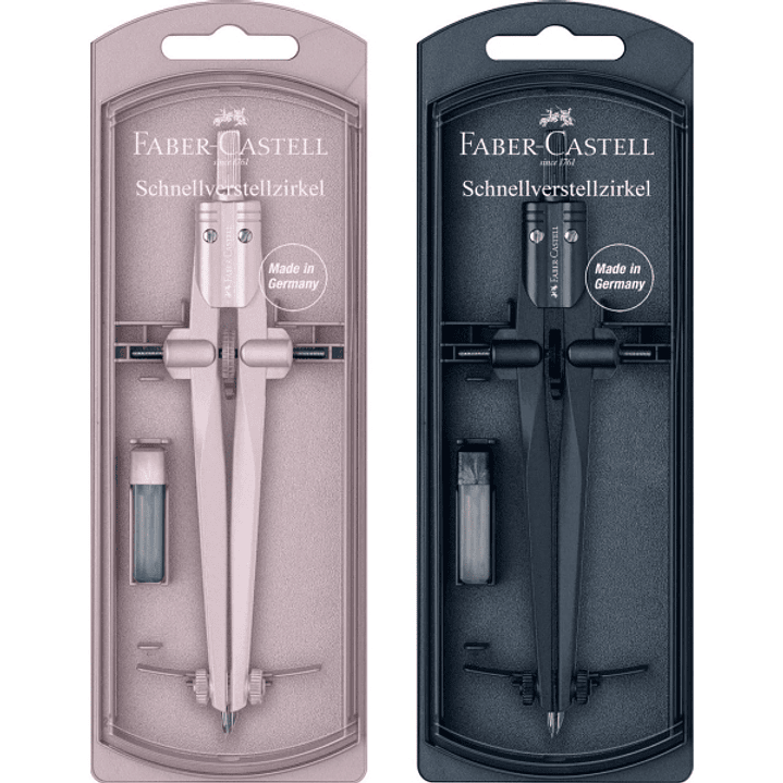 Faber-Castell Stream 2025 Compas Escolar de Ajuste Rapido - Circunferencias de hasta Ø 340mm - Incluye Bote de Minas - Colores Rosa y Azul Marino Alea 1