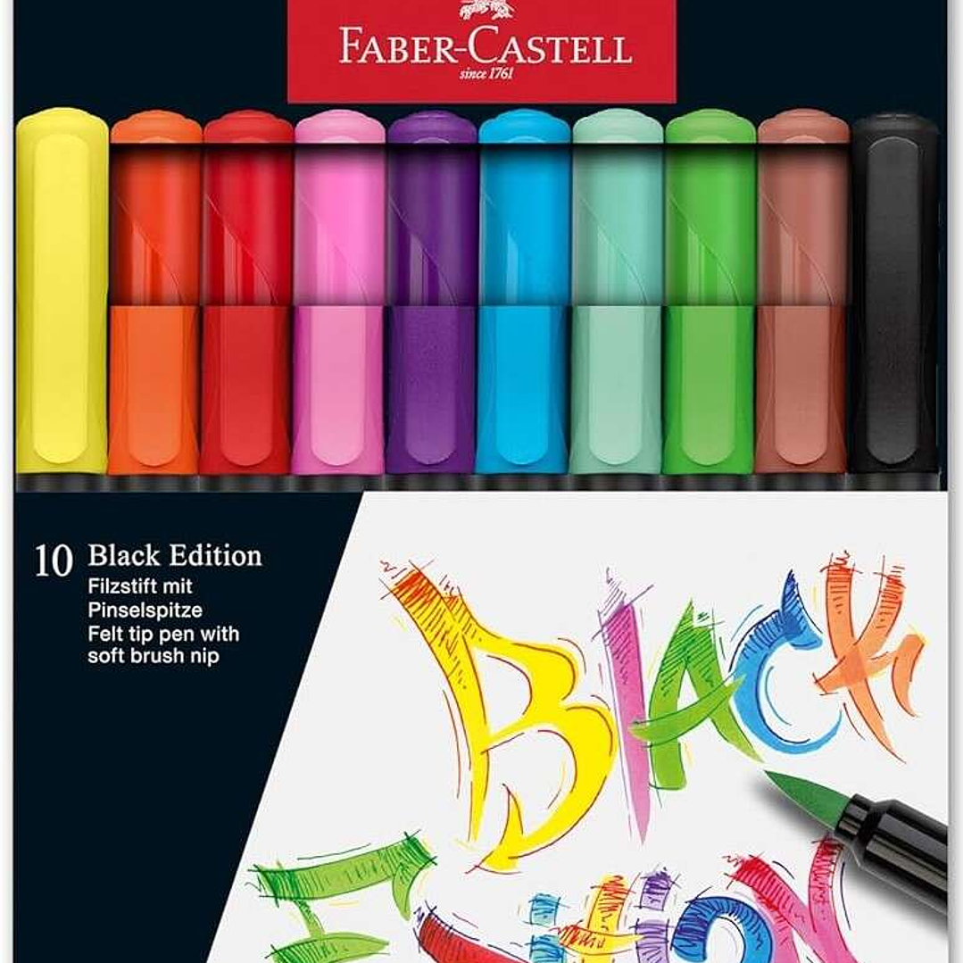 Faber-Castell Black Edition Pack de 10 Rotuladores Punta Pincel - Tinta a Base de Colorantes Alimentarios - Colores Surtidos 1