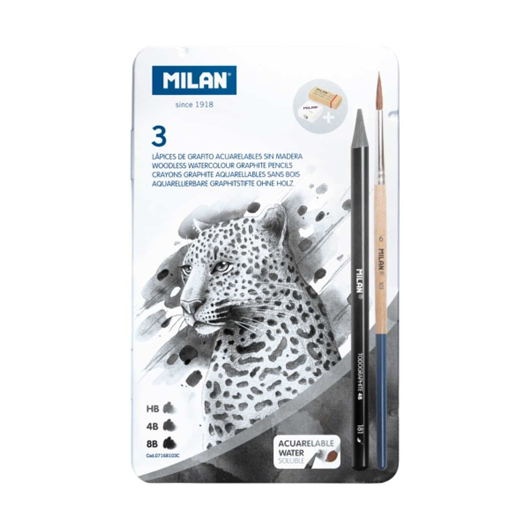 Milan Pack de 3 Lapices de Grafito Acuarelables Surtidos + Sacapuntas + Goma de Borrar + Pincel - Caja Metalica - Bandeja Interior - Color Gris Oscuro 1