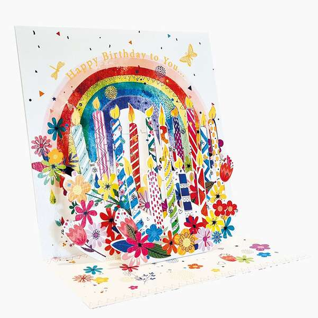 Pictura Tarjeta 3D Pop-Up - 16x16cm - Tematica Velas de Cumpleaños - Embolsada Individualmente - Incluido Sobre Blanco - Papel con Certificacion FSC 1