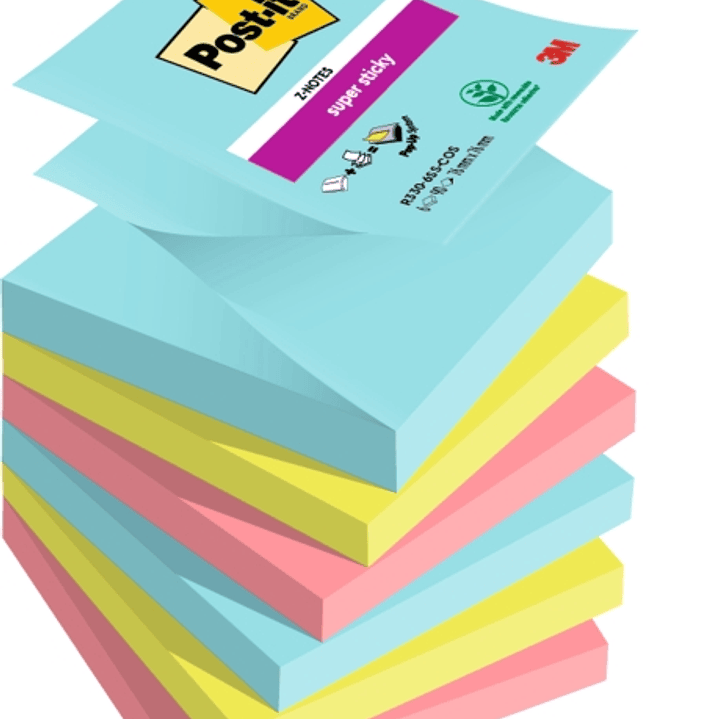 Post-It Super Sticky Pack de 6 Blocs de 90 Notas Adhesivas Reposicionables - Forma Cuadrada - 76x76mm - en Zig-Zag - Colores Surtidos 1