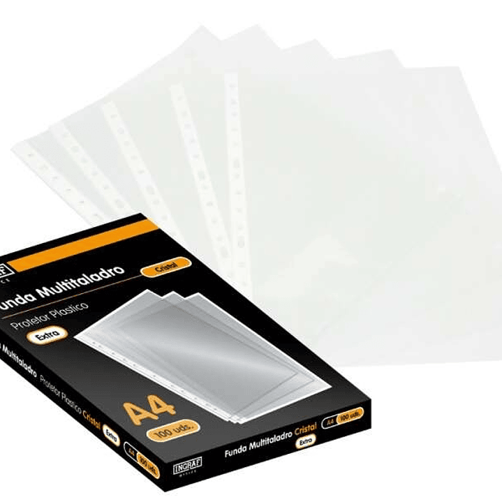 Ingraf Pack de 100 Fundas Multitaladro A4 Transparentes 70 Micras - Acabado en Cristal 1