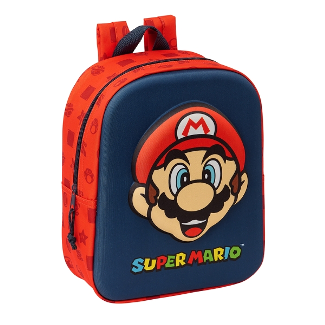 Safta Super Mario Mochila Guarderia 3D - Asa de Mano - Compartimento Principal con Cremallera - 22x27x10cm - Color Rojo y Azul 1