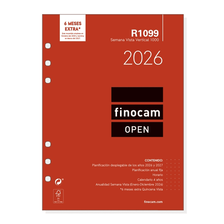 Finocam R1099 Recambio Anual 2026 para Agendas Open 2026 - Formato 1000 - 155x7x215mm - Semana Vista en Vertical - Color Blanco 1