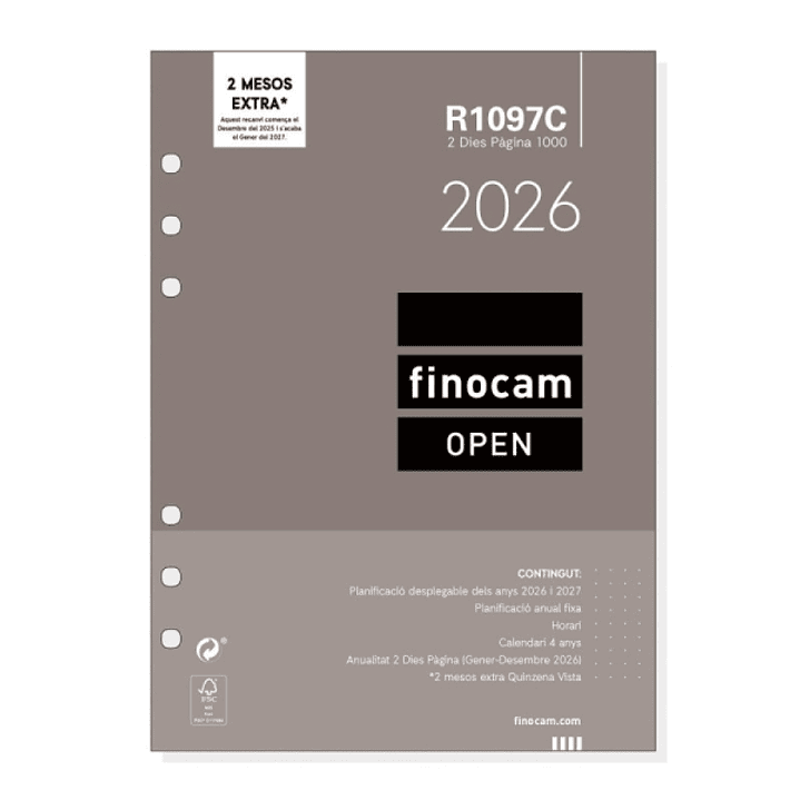 Finocam R1097C Recambio para Agendas Open en Catalan - Anual 2026 - Formato 1000 - 155x11x215mm - 2 Dias por Pagina - Color Blanco 1