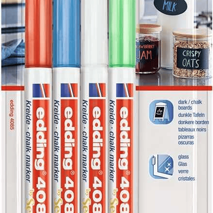 Edding 4085 Basicos Pack de 4 Rotuladores de Tiza Liquida - Punta Redonda - Trazo 1-3mm - Olor Neutro - Colores Blanco, Azul, Verde y Rojo 1