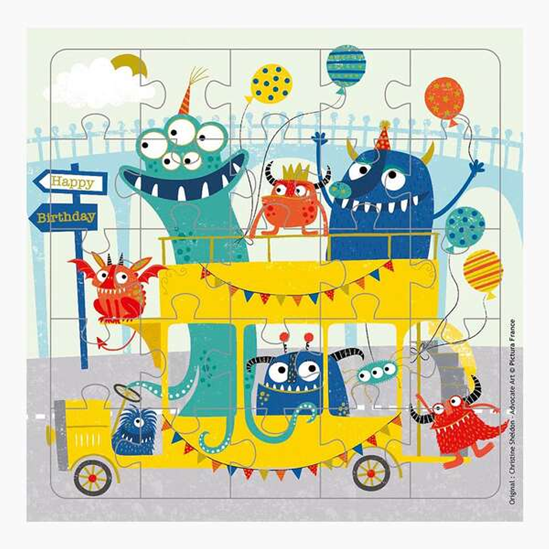 Pictura Tarjeta Puzzle Monstruos de 25 Piezas + Tarjeta Plegada - Troquelado - 15.5x15.5cm - Incluye Sobre Blanco y Envoltorio de Celofan - Papel con  1