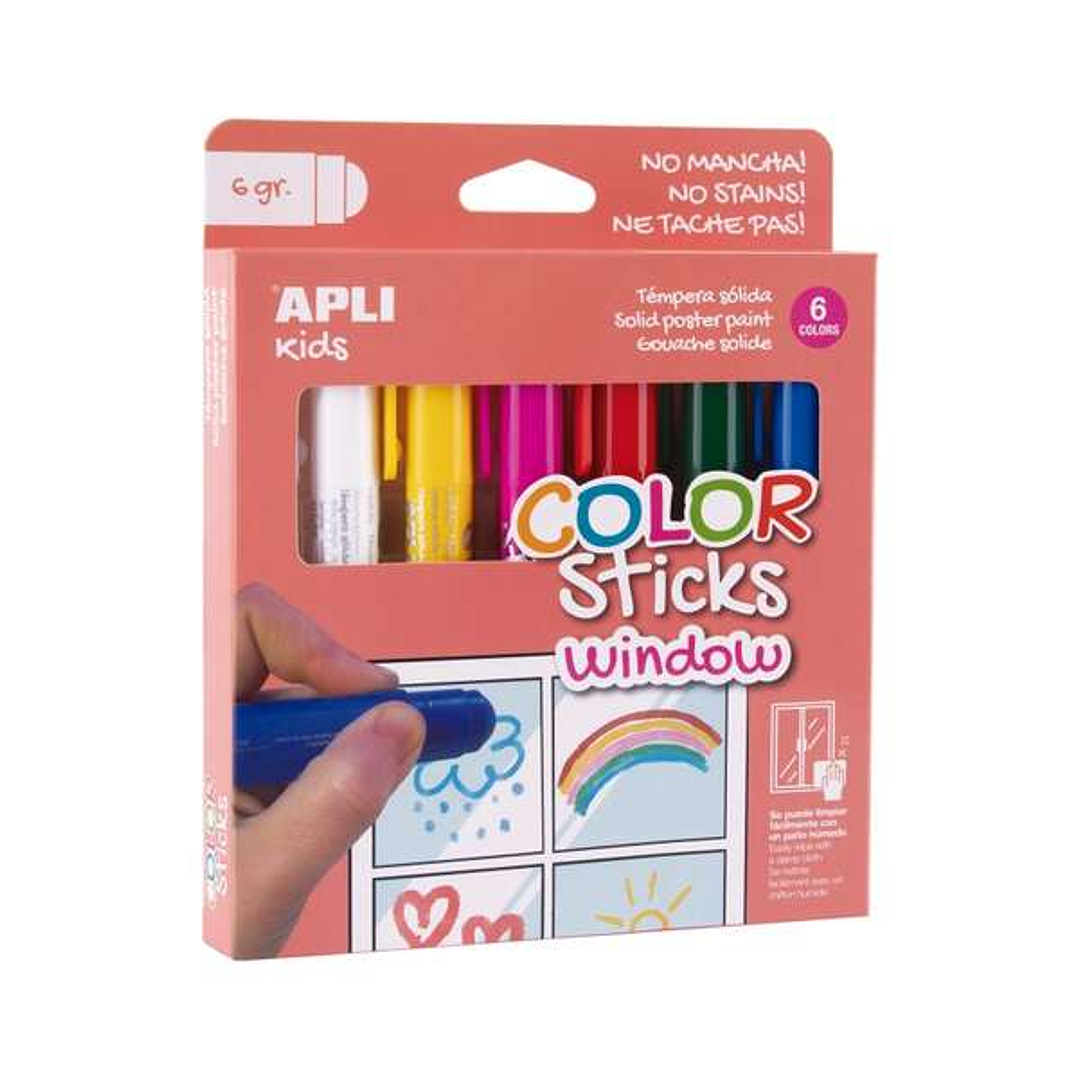 Apli Kids Color Sticks Window Pack 6 Temperas Solidas 6gr - Especiales para Dibujar y Pintar sobre Cristales - Facil Limpieza - Colores Surtidos 1