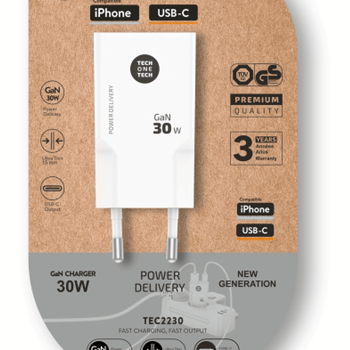 TechOneTech Cargador Doble de Pared Ultrarrápido GaN 30w USB-C+USB-A Blanco 1