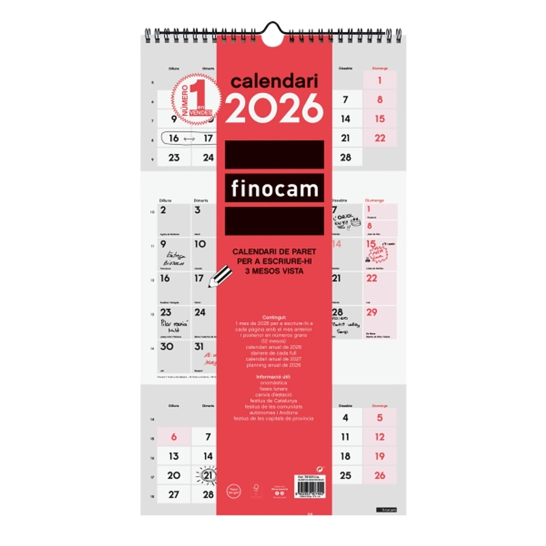 Finocam Calendario de Pared en Catalan - Anual 2026 - Espacio para Escribir - 236x8x440mm - 3 Meses Vista - Color Blanco y Rojo 1