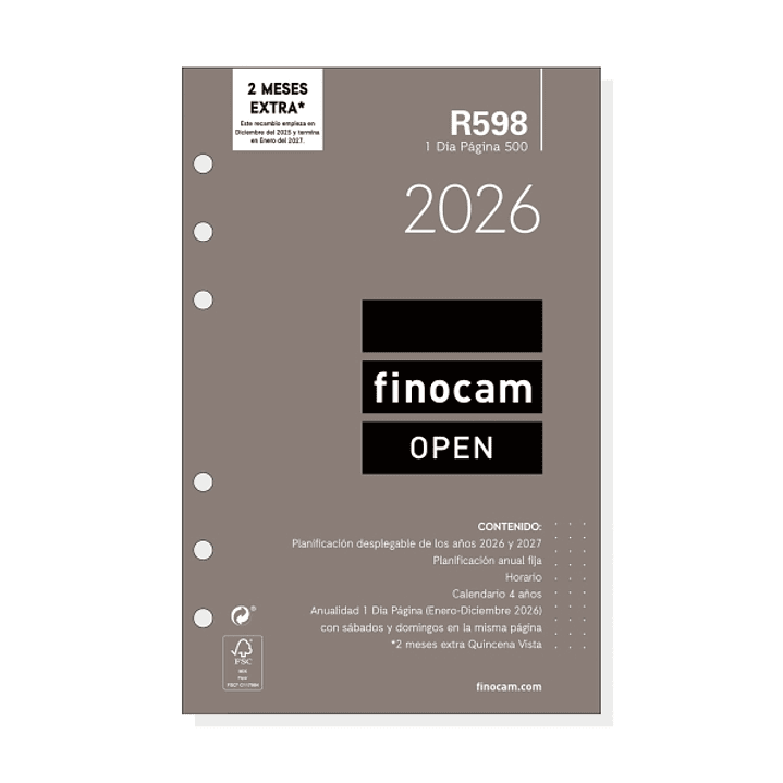 Finocam R598 Recambio Anual 2026 para Agendas Open 2026 - Formato 500 - 117x16x181mm - 1 Dia por Pagina - Color Blanco 1