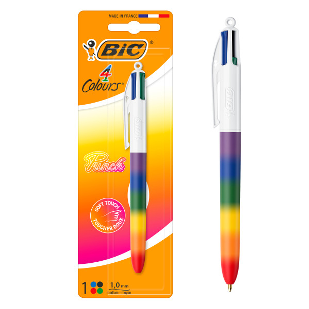 Bic 4 Colours Rainbow Punch Boligrafo de Bola Retractil - Punta Media de 1.0mm - Tinta con Base de Aceite - Cuerpo en Varios Colores - 4 Colores de Ti 1