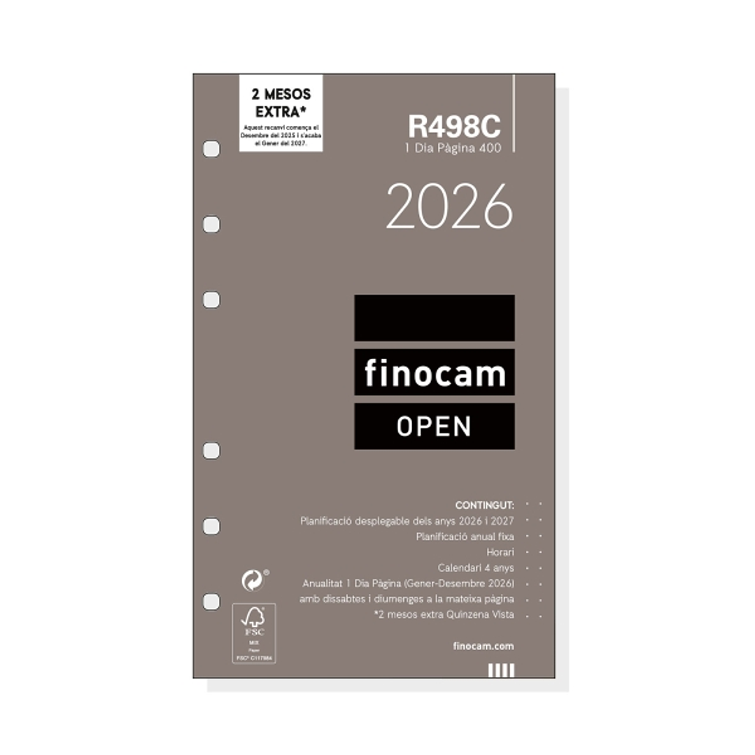 Finocam R498C Recambio Anual 2026 para Agendas Open 2026 en Catalan - Formato 400 - 91x16x152mm - 1 Dia por Pagina - Color Blanco 1
