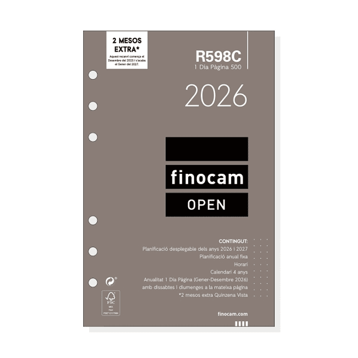 Finocam R598C Recambio Anual 2026 para Agendas Open 2026 en Catalan - Formato 500 - 117x16x181mm - 1 Dia por Pagina - Color Blanco 1