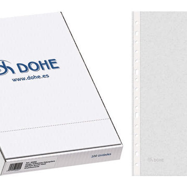 Dohe Caja de 100 Fundas Multitaladro Premium 80 Micras Folio - 16 Perforaciones - Polipropileno Rugoso - Transparentes 1