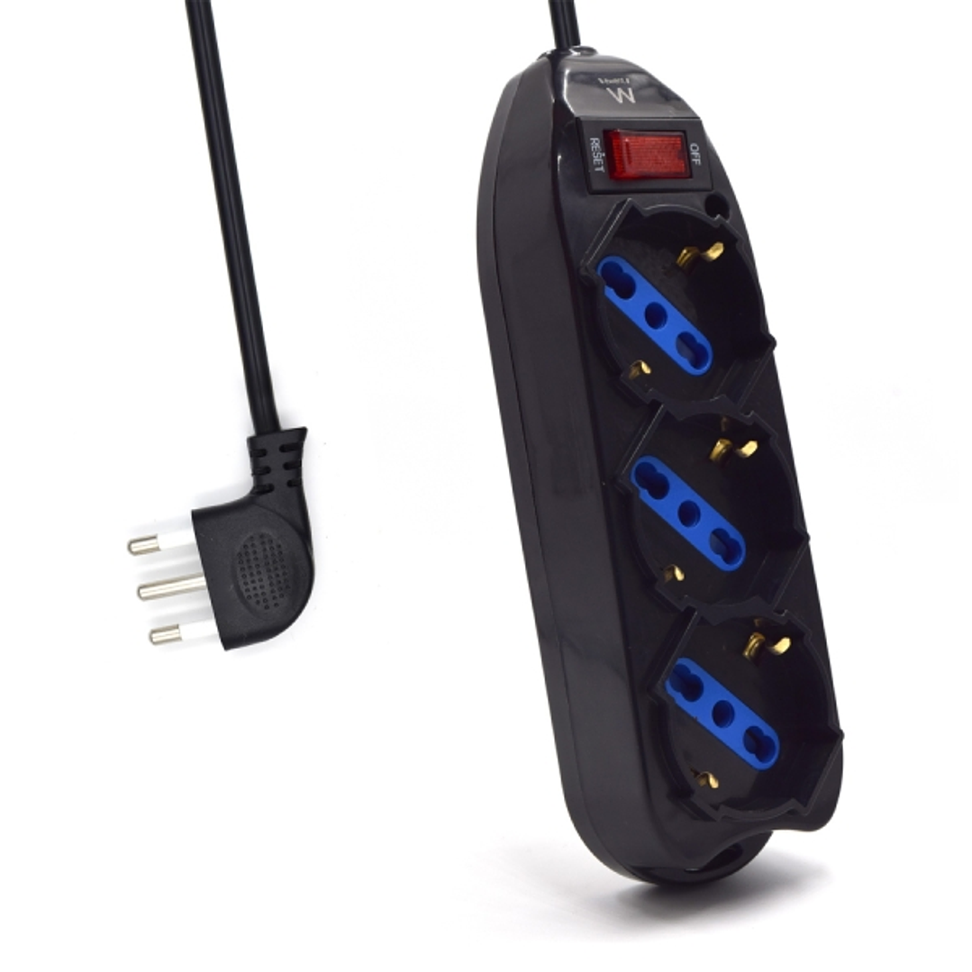 Ewent Regleta con 3 Tomas Tipo L/F (Schuko) de 10/16A - Interruptor On/Off - Enchufe Italiano Plano en Angulo - Cable de 1.5m - Color Negro 1