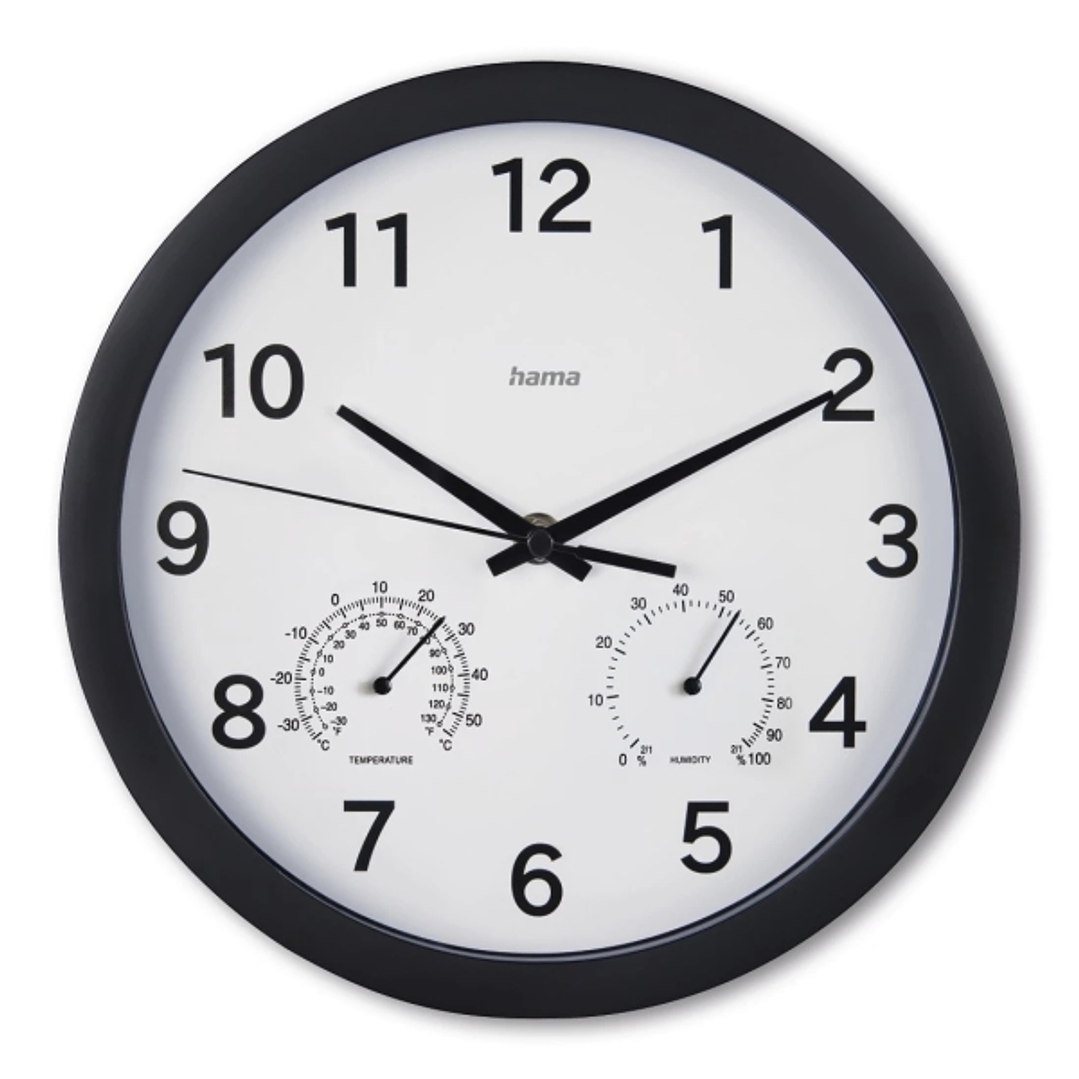 Hama Malta Reloj de Pared Analogico - Termometro - Higrometro - Silencioso - Funciona con 1 Pila AA - 25x4cm - Color Negro 1