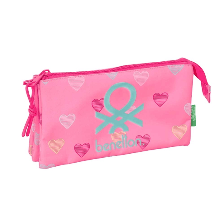 Safta Benetton Heart Portatodo - 3 Compartimentos con Cremalleras - Bolsillo Interior - 0.6L - 220x30x120mm - Color Rosa 1