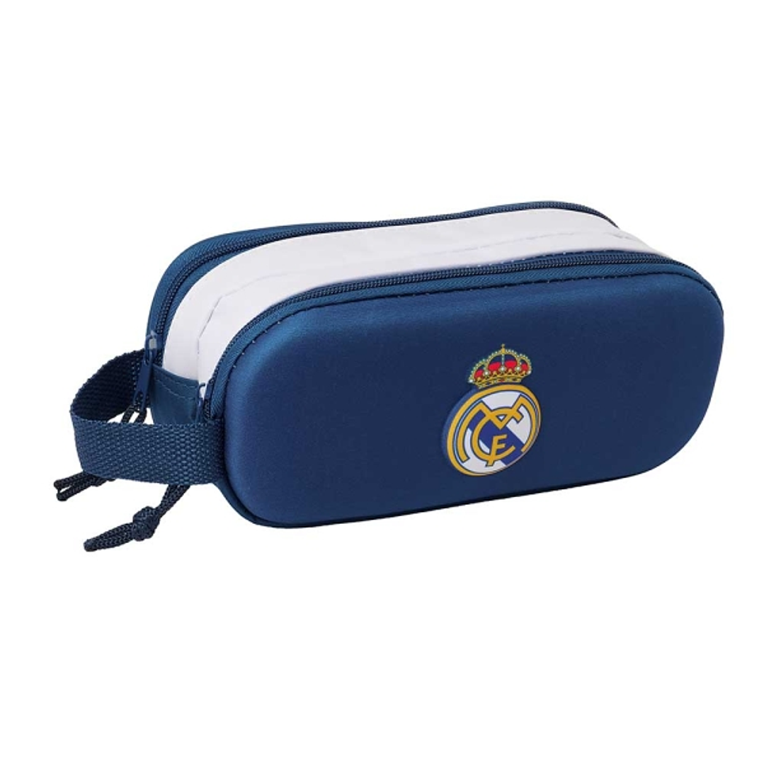 Safta Real Madrid Estuche Portatodo 3D de 1L - 2 Compartimentos - Cierre de Cremallera - Asa de Mano - 21x8x6cm - Color Blanco y Azul 1