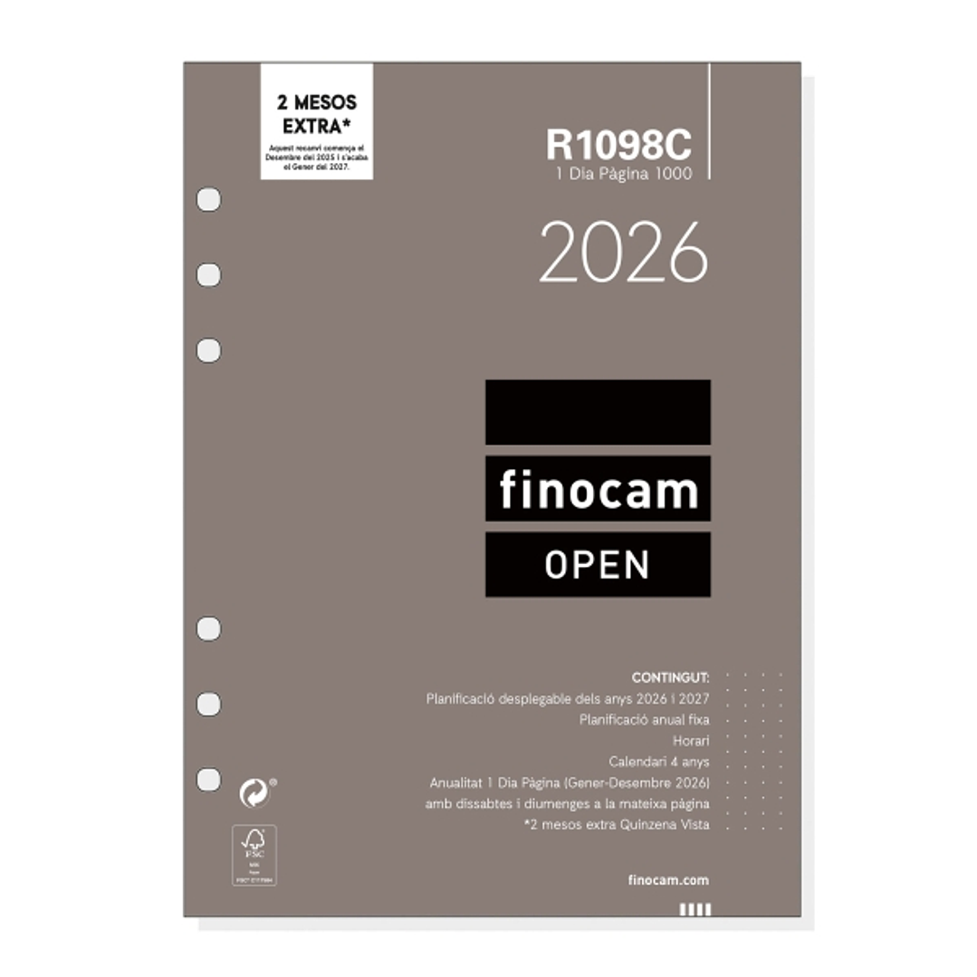 Finocam R1098C Recambio Anual 2026 para Agendas Open 2026 en Catalan - Formato 1000 - 155x15x215mm - 1 Dia por Pagina - Color Blanco 1
