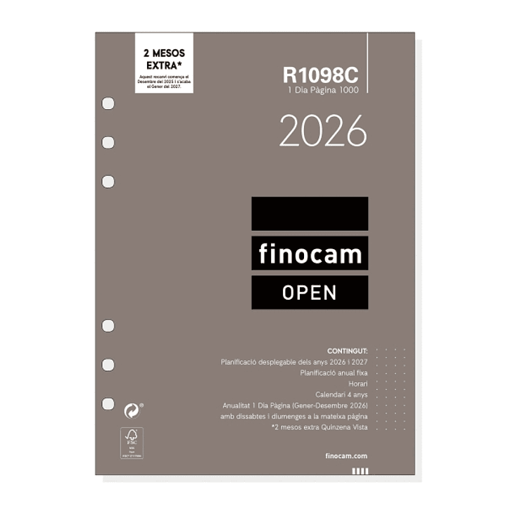 Finocam R1098C Recambio Anual 2026 para Agendas Open 2026 en Catalan - Formato 1000 - 155x15x215mm - 1 Dia por Pagina - Color Blanco 1