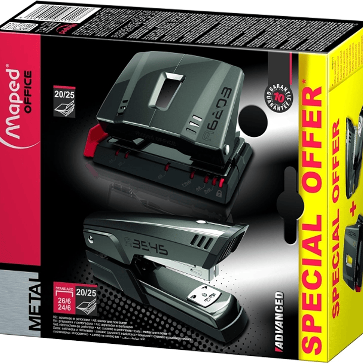 Maped Pack de Grapadora Metalica A3545 + Taladro Metalico A6203 - Grapa hasta 25 Hojas a la Vez - Admite Grapas 24/6 y 26/6 - Perfora hasta 25 Hojas - 1