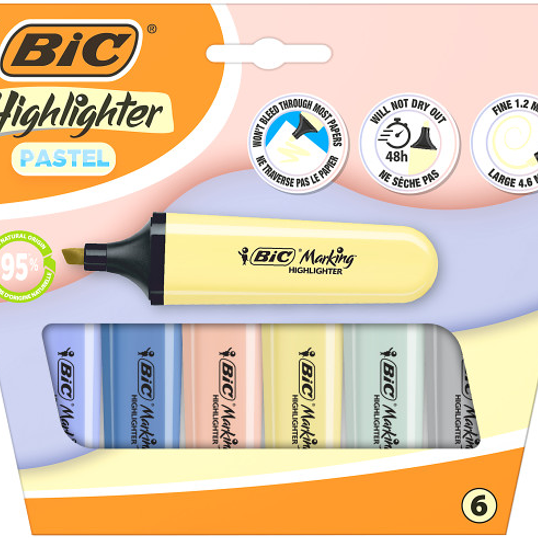 Bic Marking Highlighter Flat Pastel Mineral Pack de 6 Marcadores Fluorescentes - Punta Biselada - Trazo entre 1.20 y 4.60 mm - Tinta con Base de Agua  1