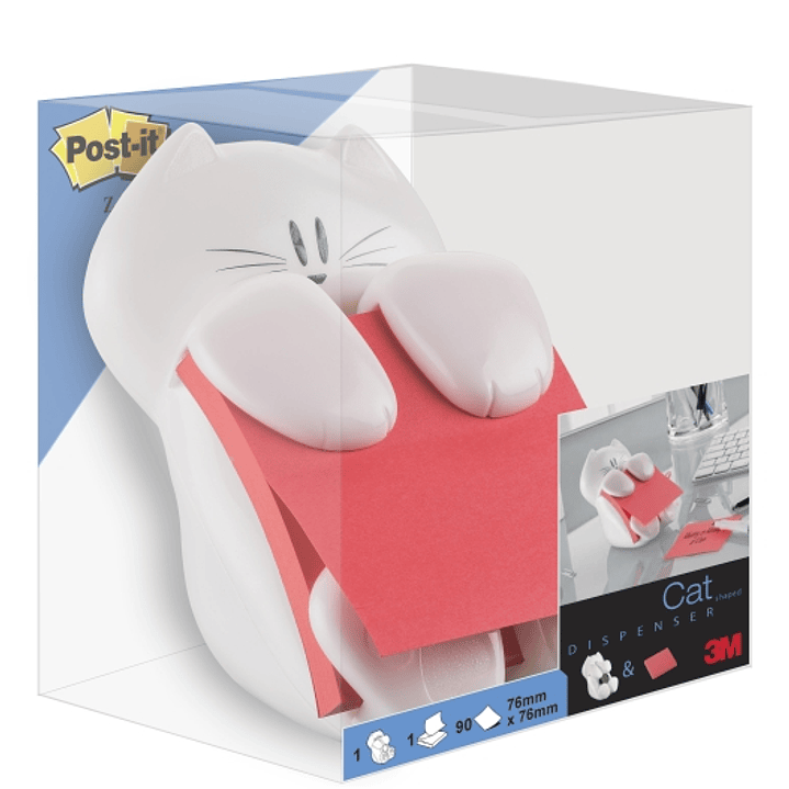 Post-It Super Sticky Dispensador con Bloc de 90 Z-Notas Adhesivas - Dispensador Gato - Forma Cuadrada - 76x76mm - Color Blanco 1