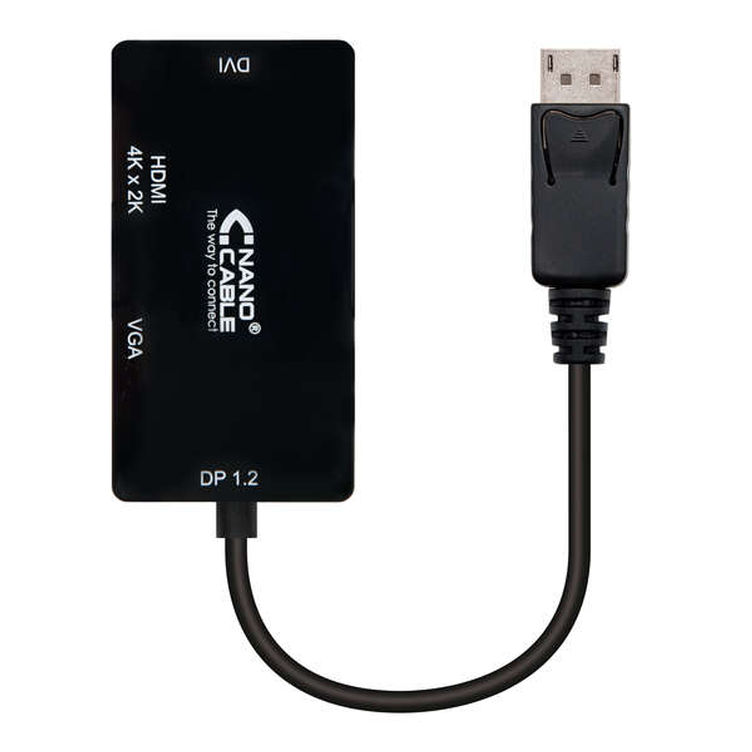 Nanocable Conversor Displayport a VGA / DVI / HDMI - 3 en 1 - DP 1.2/M-VGA/H-DVI/H-HDMI/H 4K - 15 cm - Color Negro 1