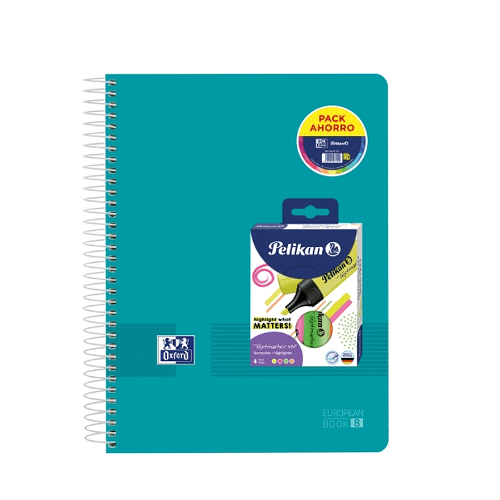 Oxford Europeanbook 8 Live & Go Pack de Cuaderno Espiral A4+ 160 Hojas Cuadricula 5x5 + 4 Marcadores Texmarker 490 Pelikan - 8 Bandas de Color - Tapa  1
