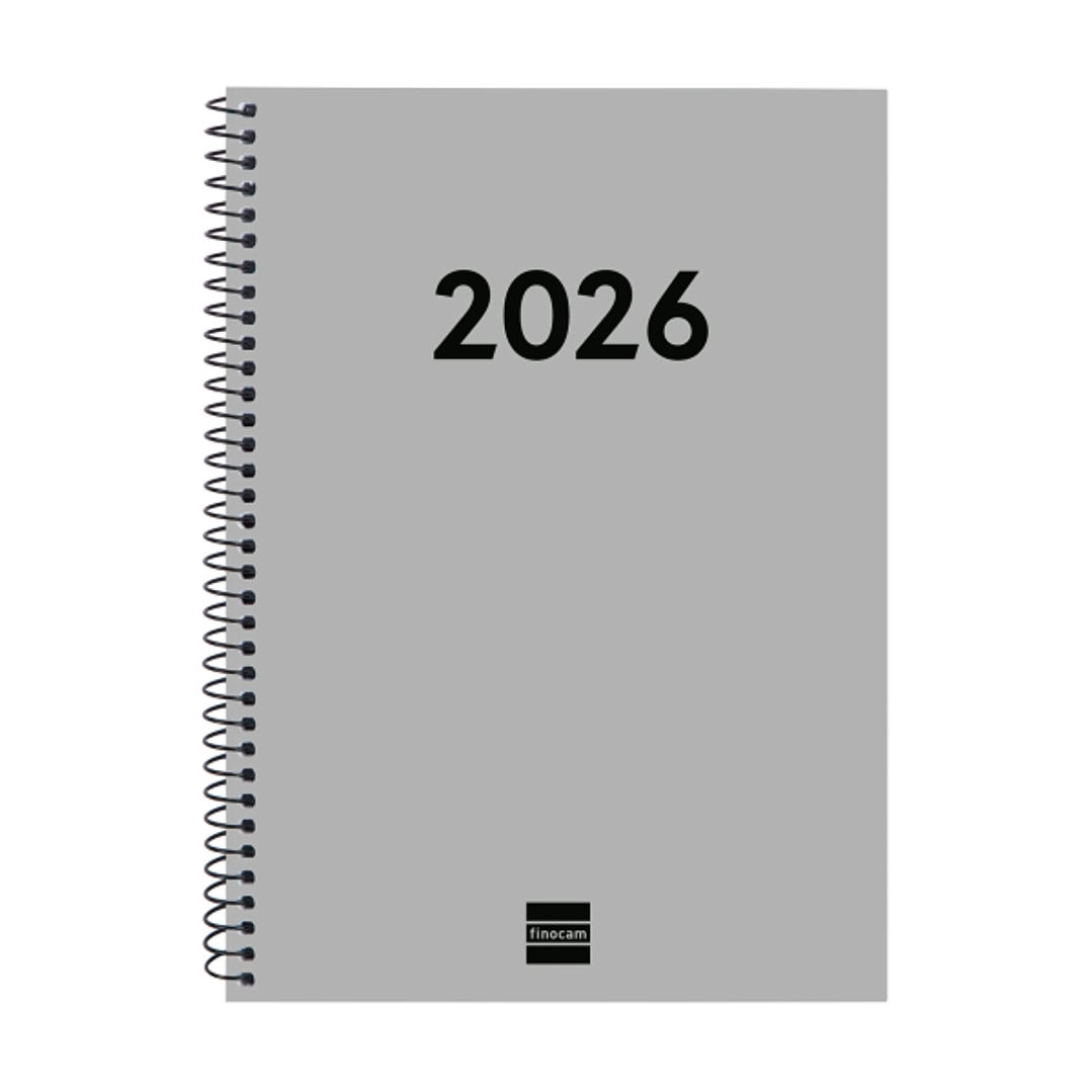 Finocam Espiral Recambio Anual 2026 para Agendas Duo - Anual 2026 - Formato E10 - 162x14x212mm - Semana Vista Horizontal - Color Gris Claro 1