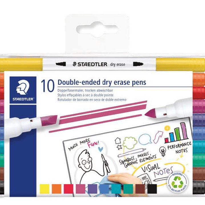 Staedtler Lumocolor 3010 Pack de 10 Marcadores para Pizarra Blanca - Doble Punta Biselada y Conica - Tinta Base de Agua - Colores Surtidos 1