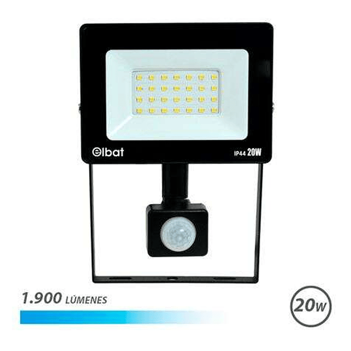 Elbat Foco LED con Sensor de Movimiento - Potencia: 20W - Lumenes: 1900 - Luz Fria 6.500K - Vida Util: 30.000 - 50.000 Horas - Angulo 120º - Proteccio 1