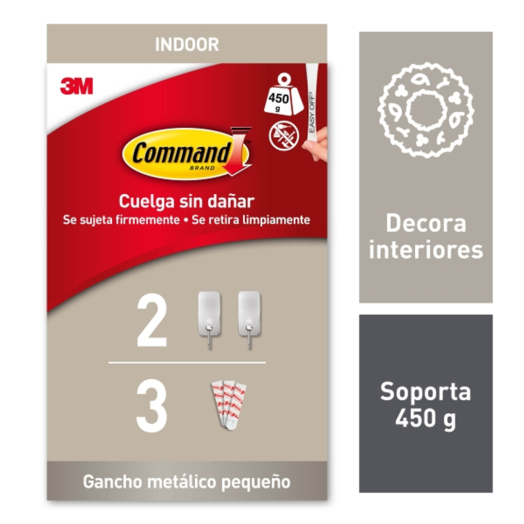 Command Pack de 2 Ganchos Compactos - Talla S - 3 Tiras Adhesivas - Soporta hasta 450G - Color Niquel 1