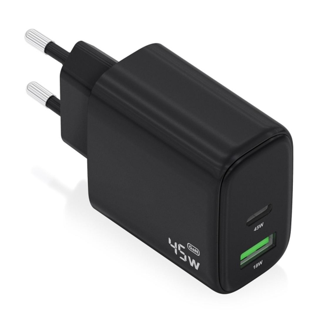 Aisens Cargador GAN 45W - 1xUSB-C PD3.0 QC4.0 y 1xUSB-A QC3.0 - Color Negro 1